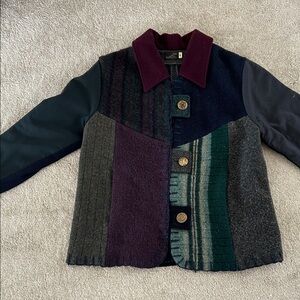 Patchwork Wool Blend Button Jacket in Plum, Navy & Forest